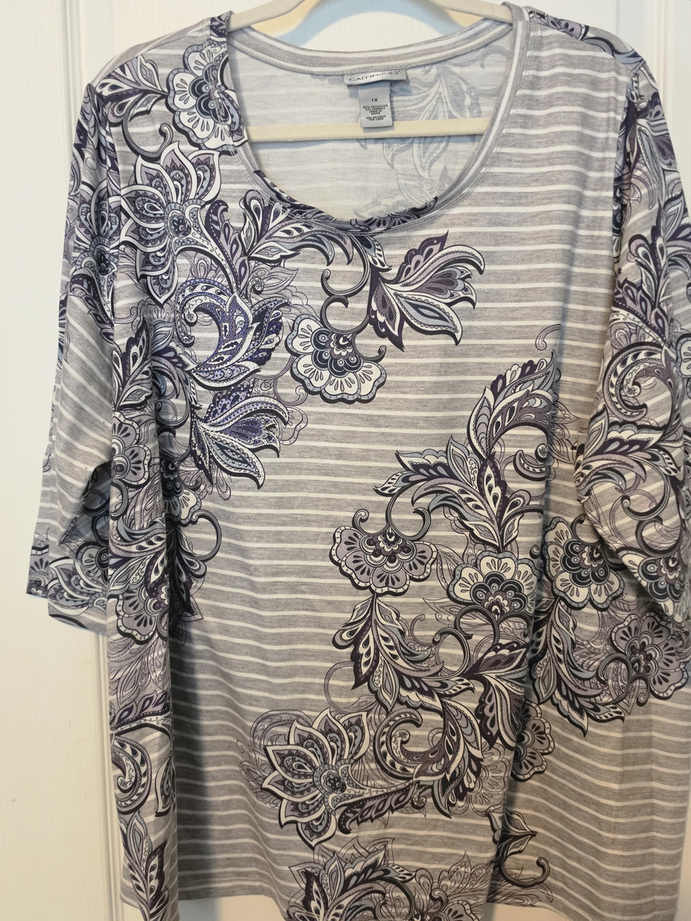 Catherines Gray Striped Tunic with Purple Floral Paisley